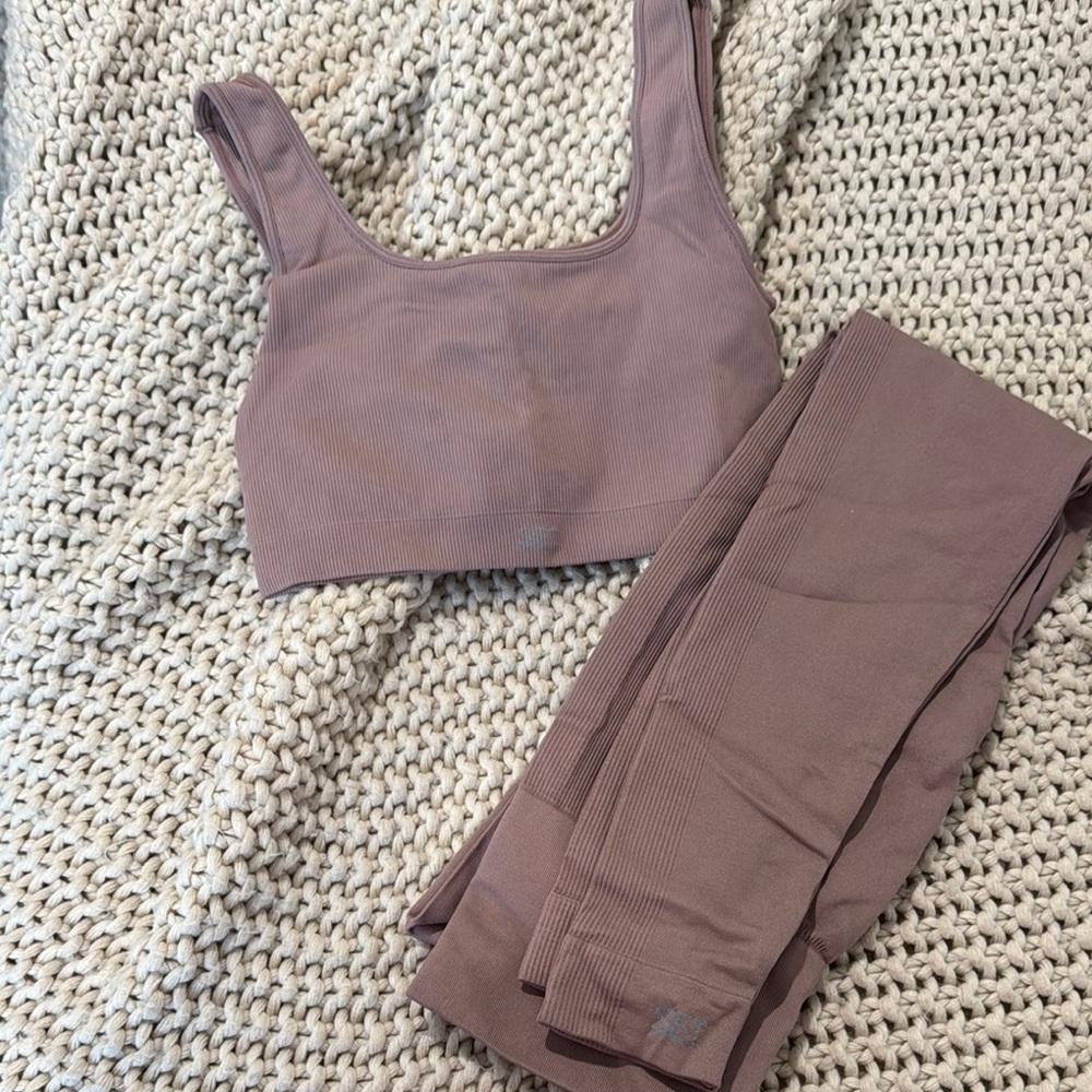 Set Active Seamless Ribbed Sports Bra & Leggings Set - Dusty Mauve